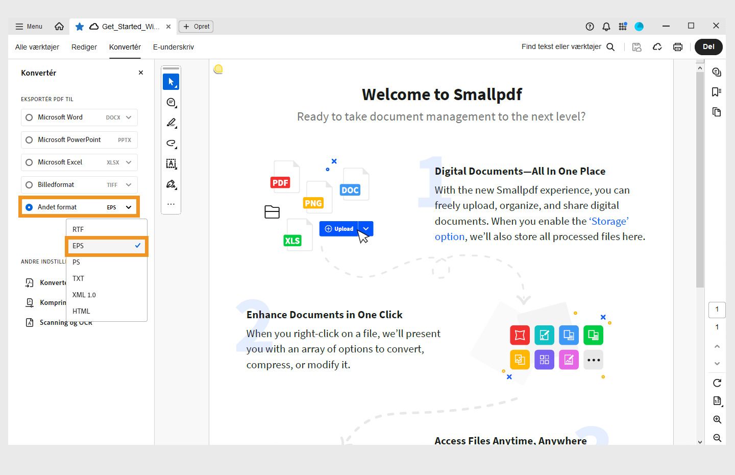 En PDF åbnes i Acrobat. Menuen Konvertér er åben i venstre rude, og indstillingen Konvertér til EPS er fremhævet. 