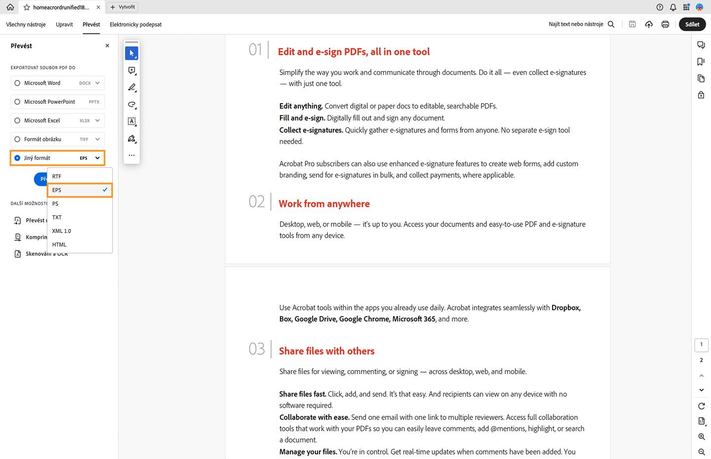 PDF se otevře v aplikaci Acrobat. V levém panelu se otevře nabídka Převést a zvýrazní se možnost Převést na EPS. 
