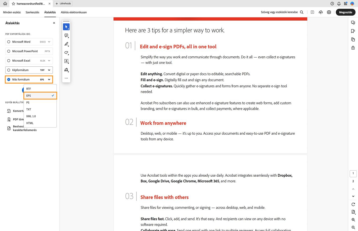 A PDF megnyílik az Acrobatban. A Konvertálás menü megnyílik a bal oldali ablaktáblában, a Konvertálás EPS formátumba opció pedig ki van jelölve. 
