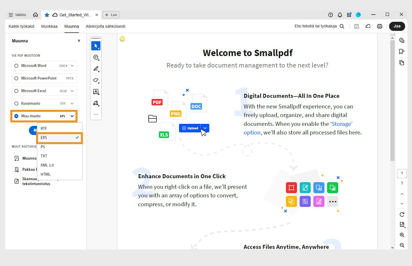 PDF-tiedosto avataan Acrobatissa. Muunna-valikko on auki vasemmassa ruudussa, ja Muunna EPS-muotoon -vaihtoehto on korostettuna. 