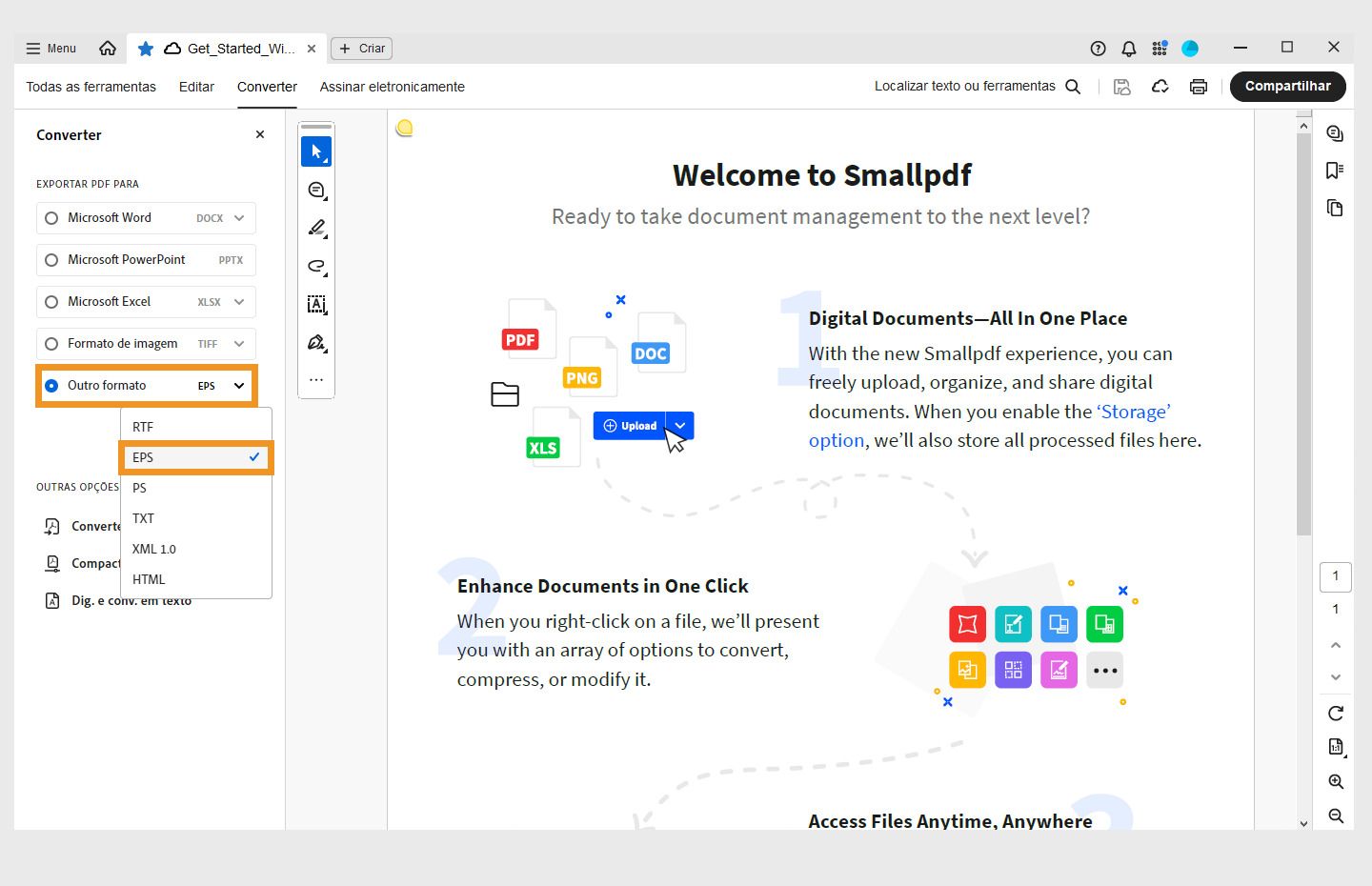 Um PDF aberto no Acrobat. Menu Converter aberto no painel esquerdo com a opção Converter em EPS realçada. 