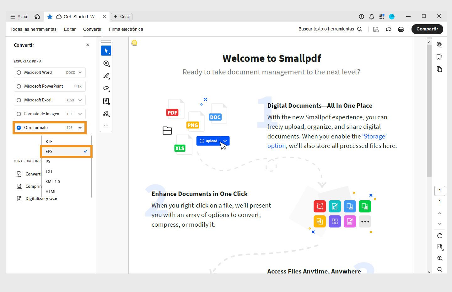 Se abre un PDF en Acrobat. Se abre el menú Convertir en el panel izquierdo y se resalta la opción Convertir a EPS. 