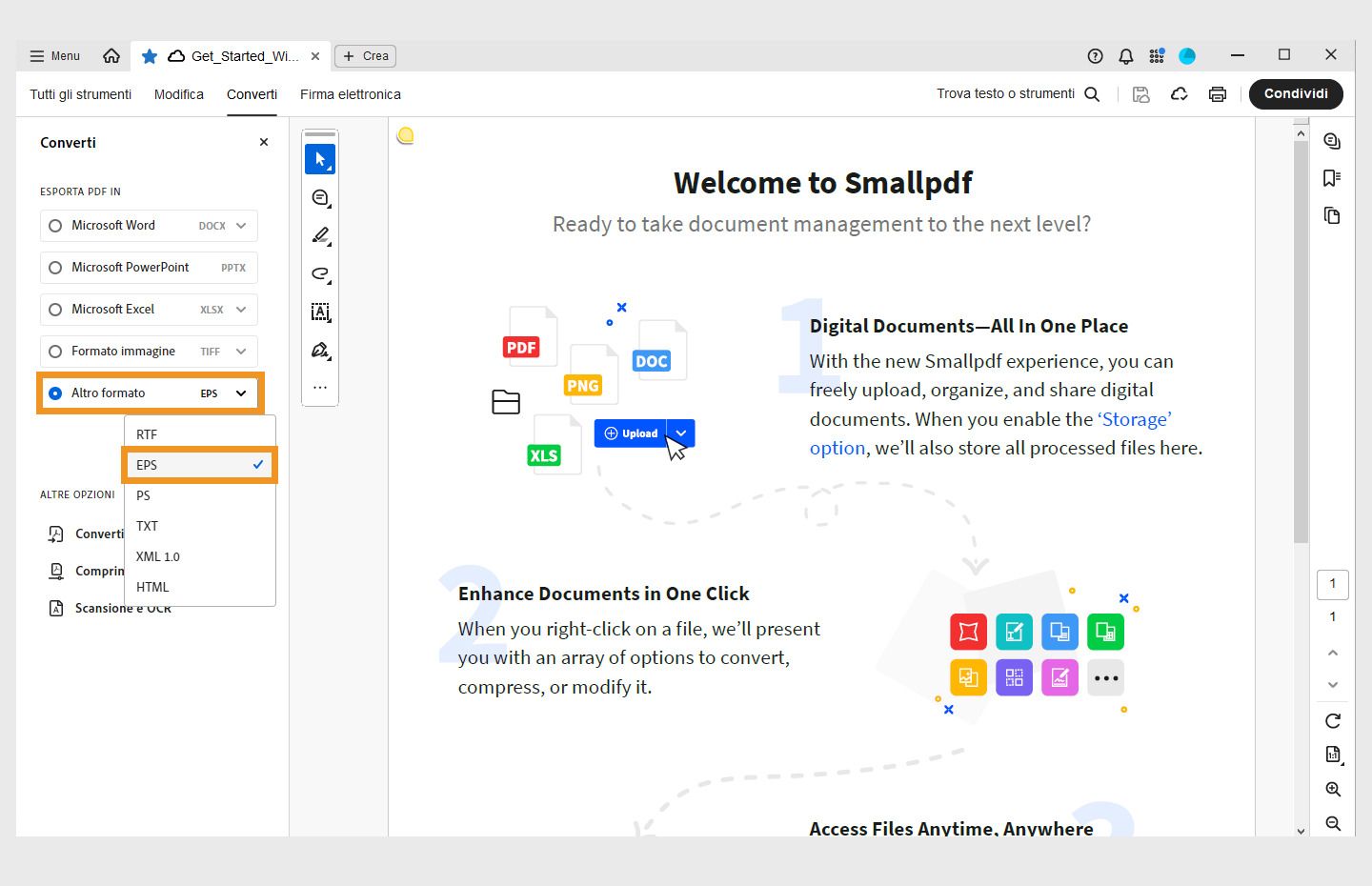 Un PDF si apre in Acrobat. Menu Converti aperto nel riquadro a sinistra con l’opzione Converti in EPS evidenziata. 