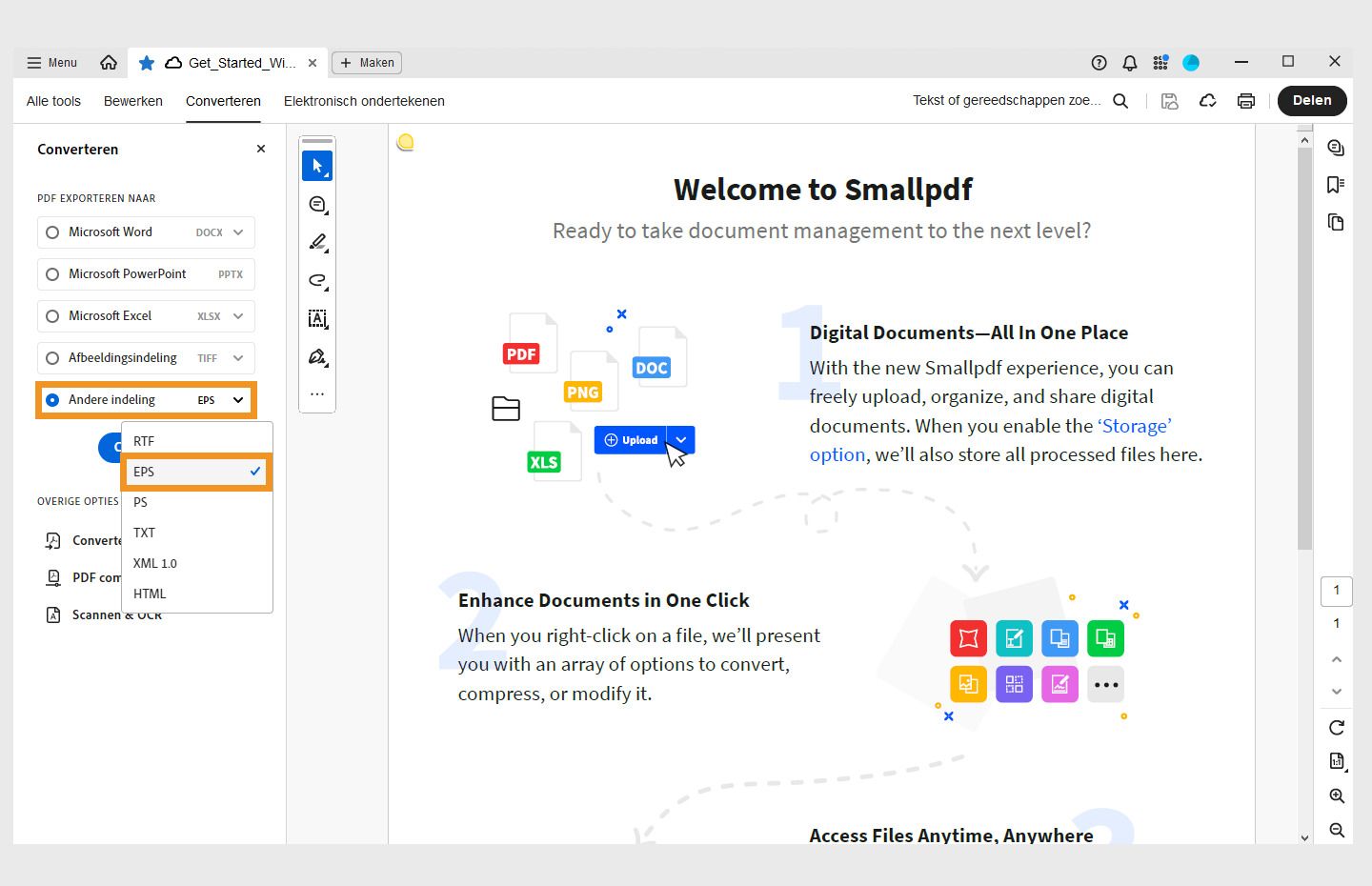 Een PDF wordt geopend in Acrobat. Het menu Converteren is geopend in het linkerdeelvenster en de optie Converteren naar EPS is gemarkeerd. 