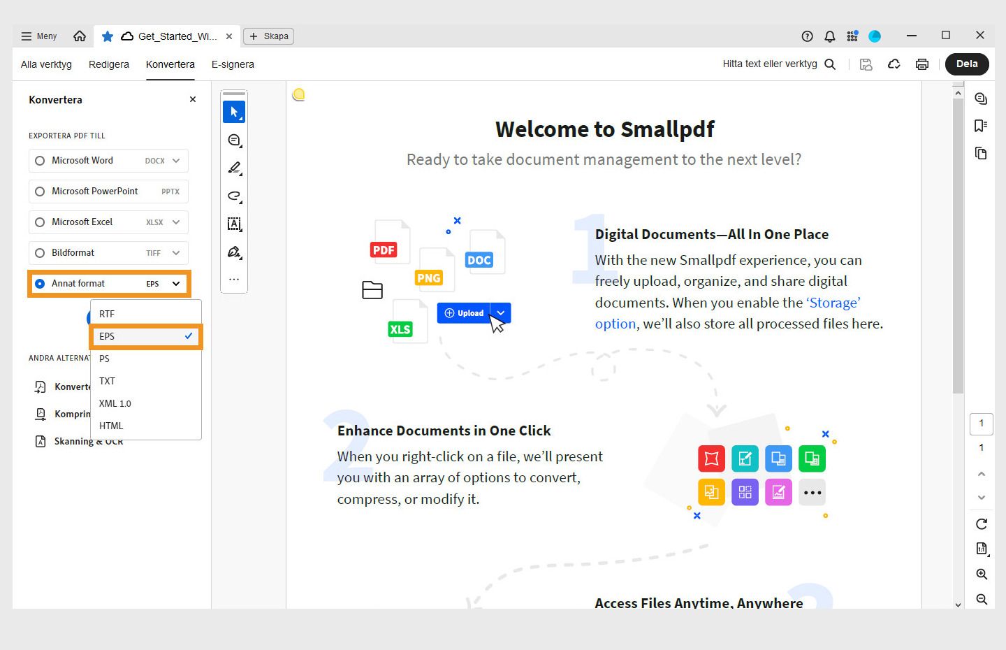 En PDF-fil öppnas i Acrobat. Menyn Konvertera är öppen i den vänstra rutan och alternativet Konvertera till EPS är markerat. 