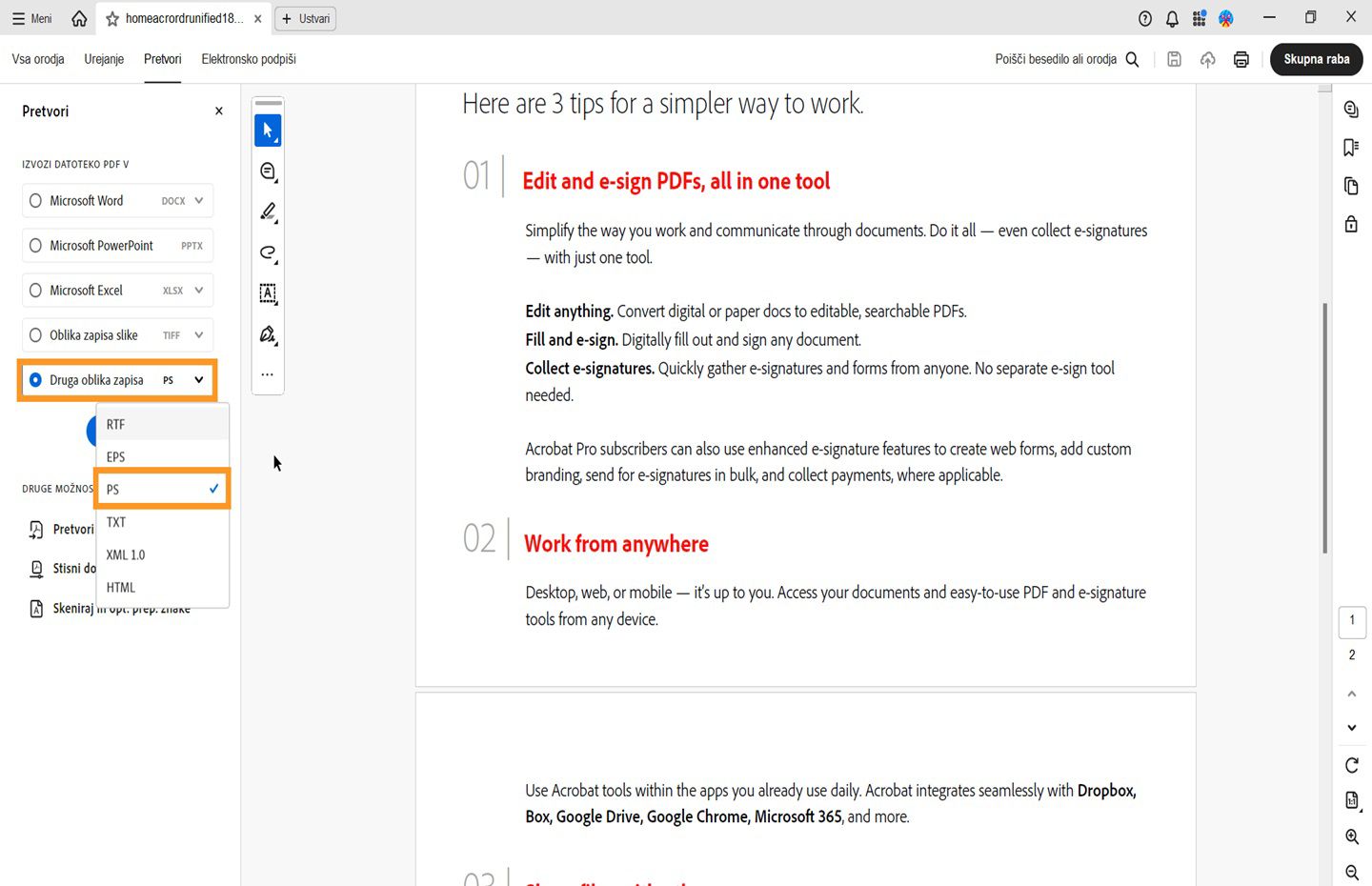 PDF se odpre v programu Acrobat. Meni Pretvarjanje je odprt v levem podoknu in označena je možnost za pretvarjanje v PS. 