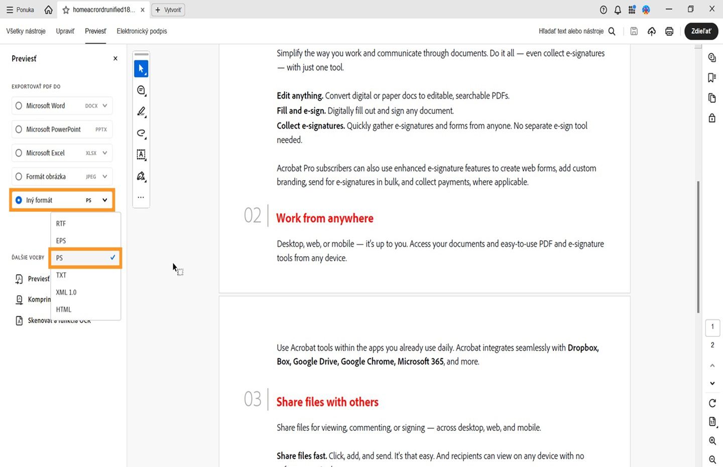 Súbor PDF sa otvorí v programe Acrobat. Na ľavej table sa otvorí ponuka prevodu a zvýrazní sa možnosť prevodu do PS. 