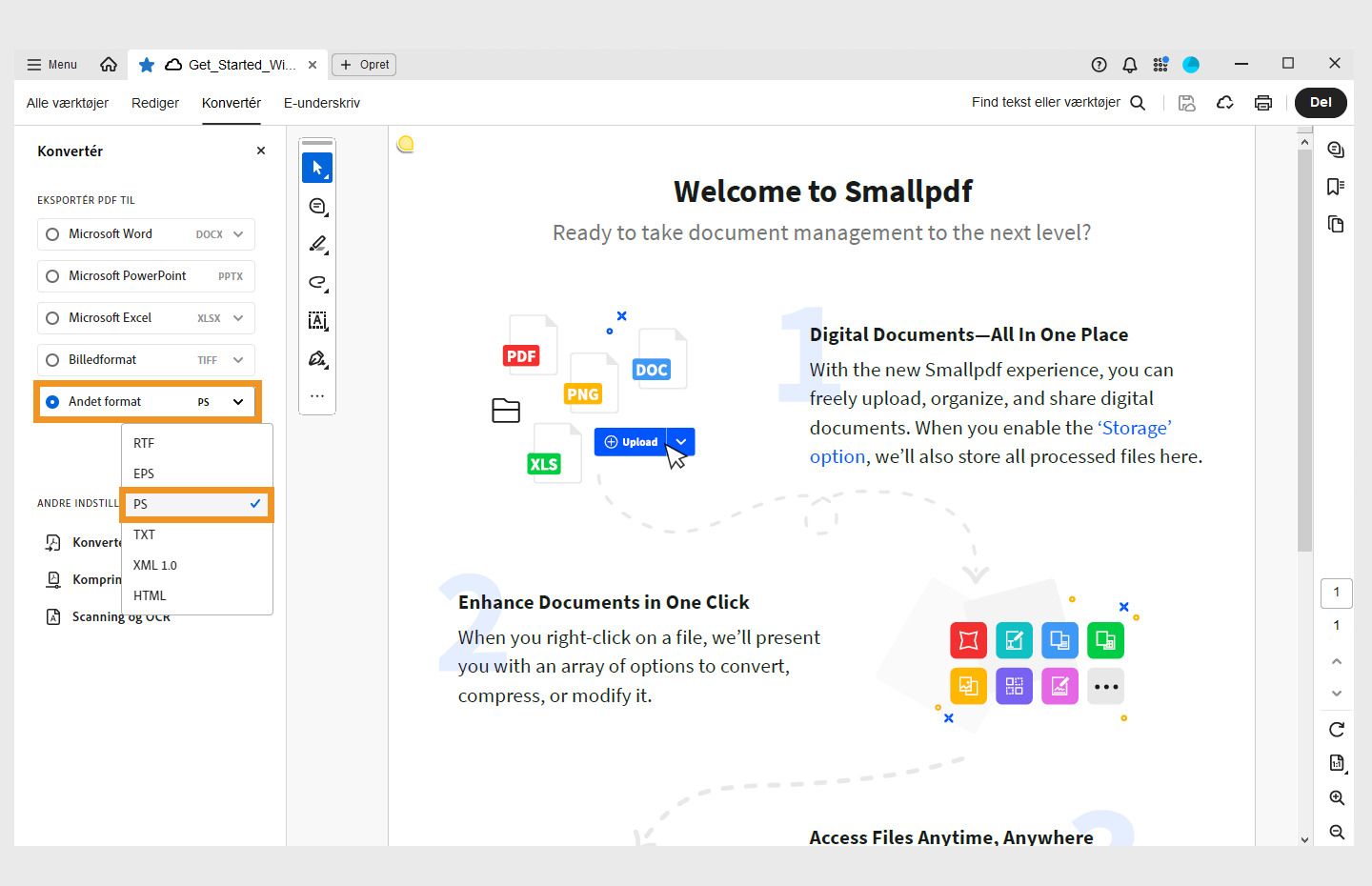 En PDF åbnes i Acrobat. Menuen Konvertér er åben i venstre rude, og indstillingen Konvertér til PS er fremhævet. 