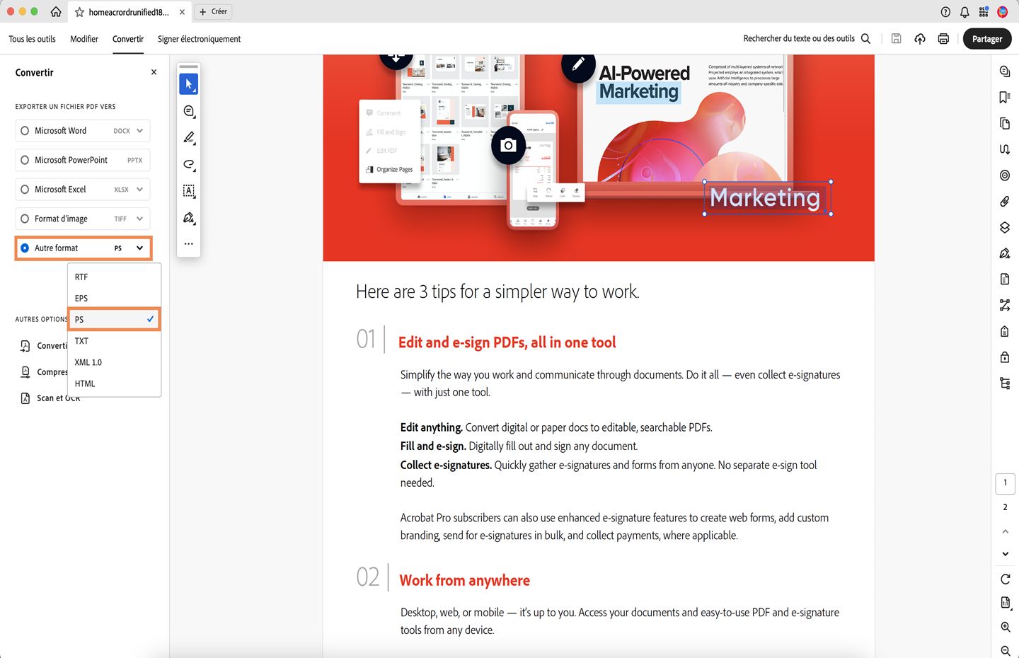 Un fichier PDF s’ouvre dans Acrobat. Le menu Convertir s’ouvre dans le panneau de gauche et l’option Convertir en PS est sélectionnée. 