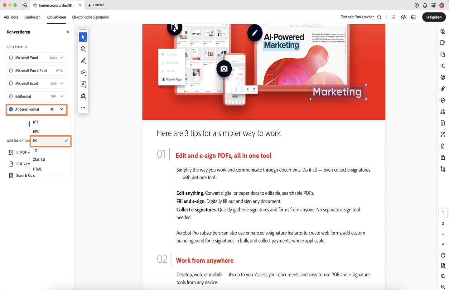 Eine PDF-Datei wird in Acrobat geöffnet. Das Menü „Konvertierung“ im linken Fensterbereich ist geöffnet, und die Option „In PS konvertieren“ ist hervorgehoben. 