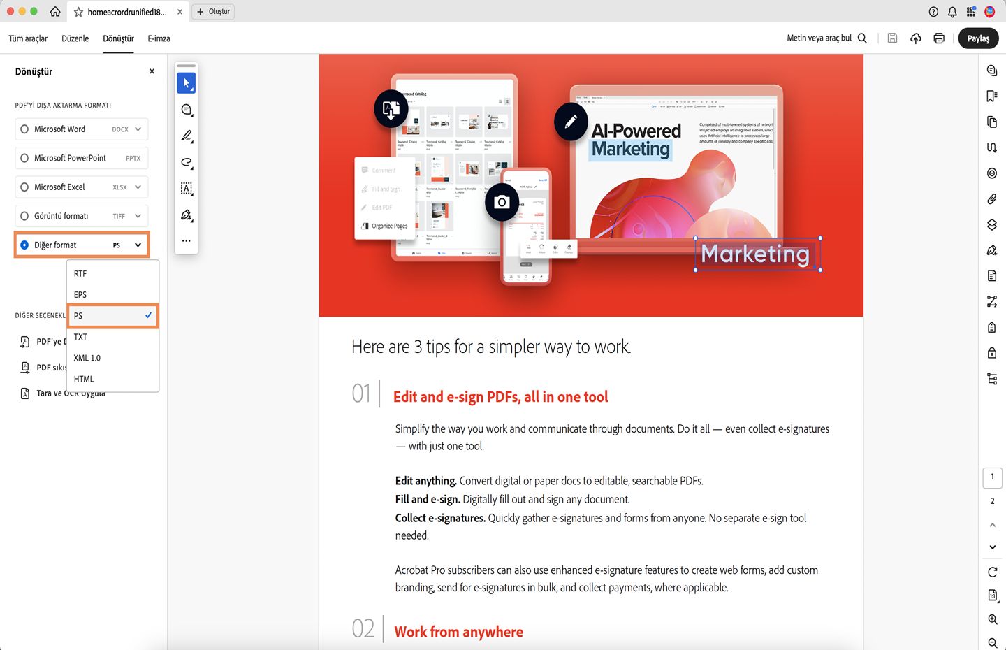 Acrobat'ta bir PDF açılır. Dönüştür menüsü sol bölmede açılır ve PS'ye dönüştürme seçeneği vurgulanır. 