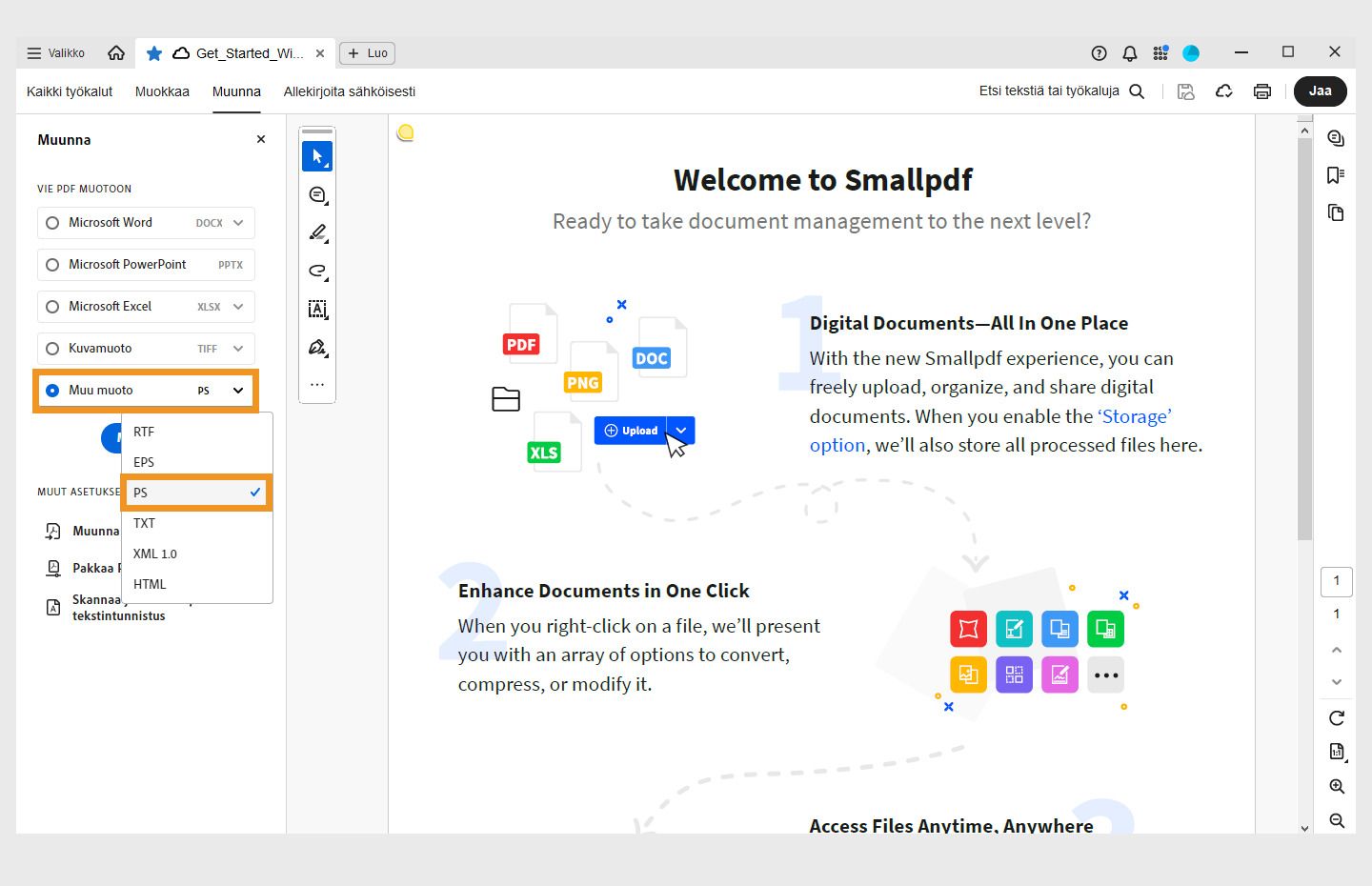 PDF-tiedosto avataan Acrobatissa. Muunna-valikko on auki vasemmassa ruudussa, ja Muunna PS-muotoon -vaihtoehto on korostettuna. 