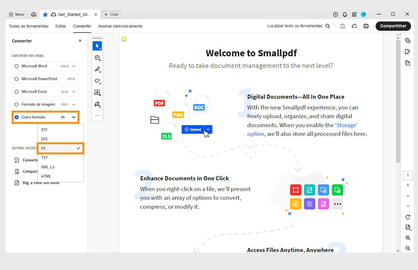 Um PDF aberto no Acrobat. Menu Converter aberto no painel esquerdo com a opção Converter em PS realçada. 