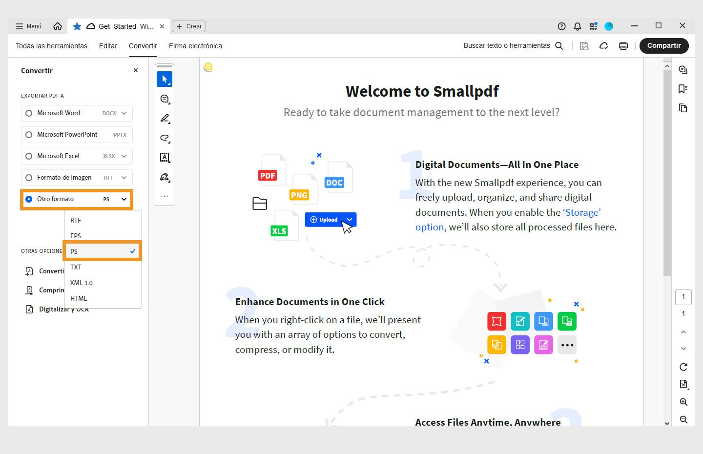 Se abre un PDF en Acrobat. Se abre el menú Convertir en el panel izquierdo y se resalta la opción Convertir a PS. 