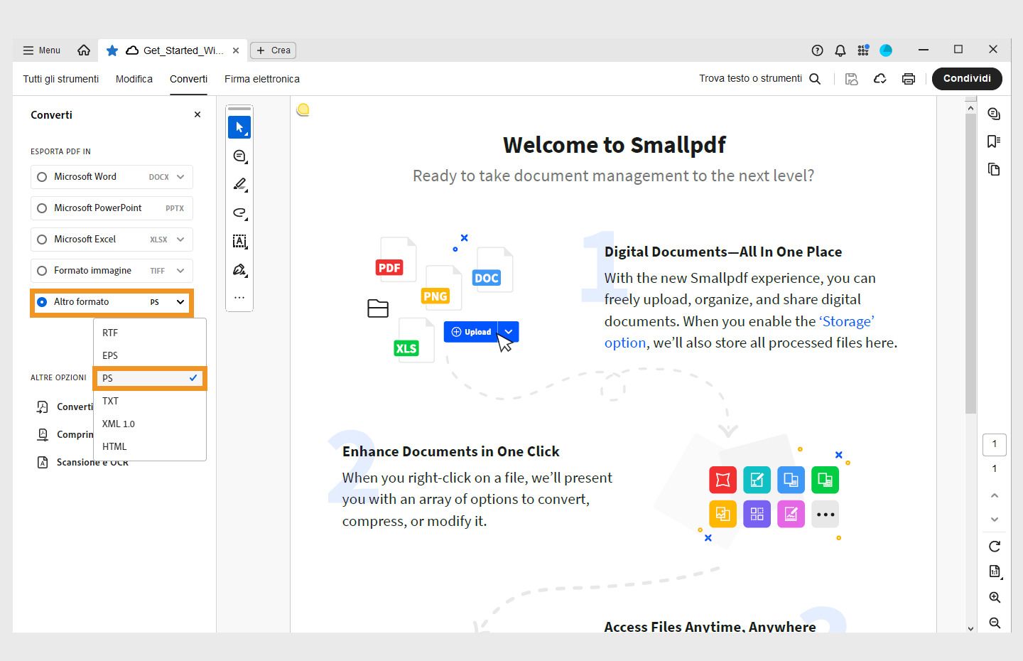 Un PDF si apre in Acrobat. Menu Converti aperto nel riquadro a sinistra con l’opzione Converti in PS evidenziata. 