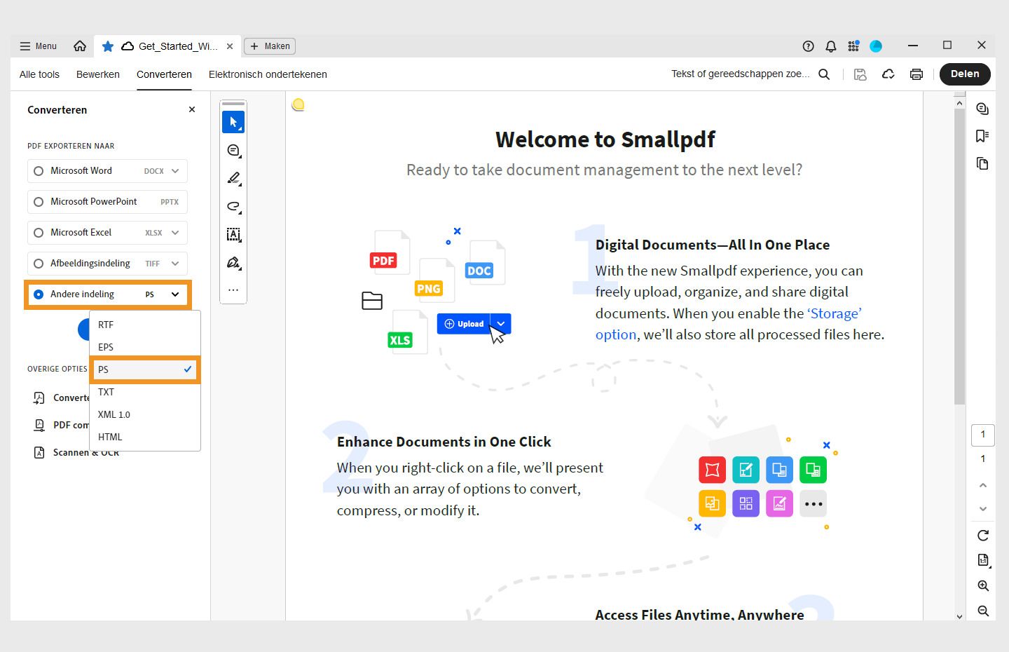 Een PDF wordt geopend in Acrobat. Het menu Converteren is geopend in het linkerdeelvenster en de optie Converteren naar PS is gemarkeerd. 