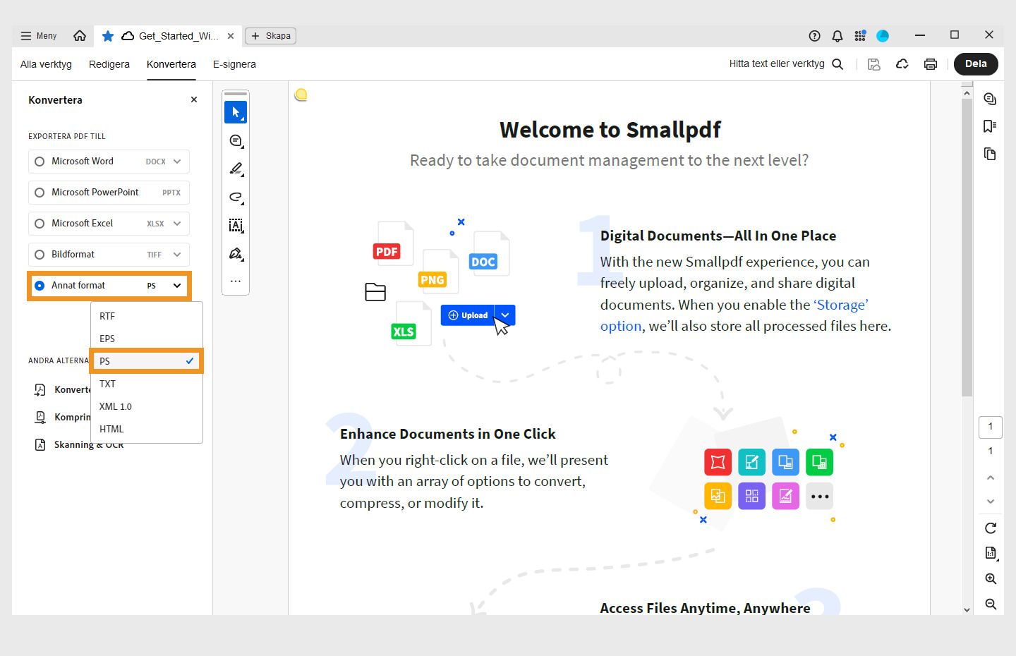 En PDF-fil öppnas i Acrobat. Menyn Konvertera är öppen i den vänstra rutan och alternativet Konvertera till PS är markerat. 