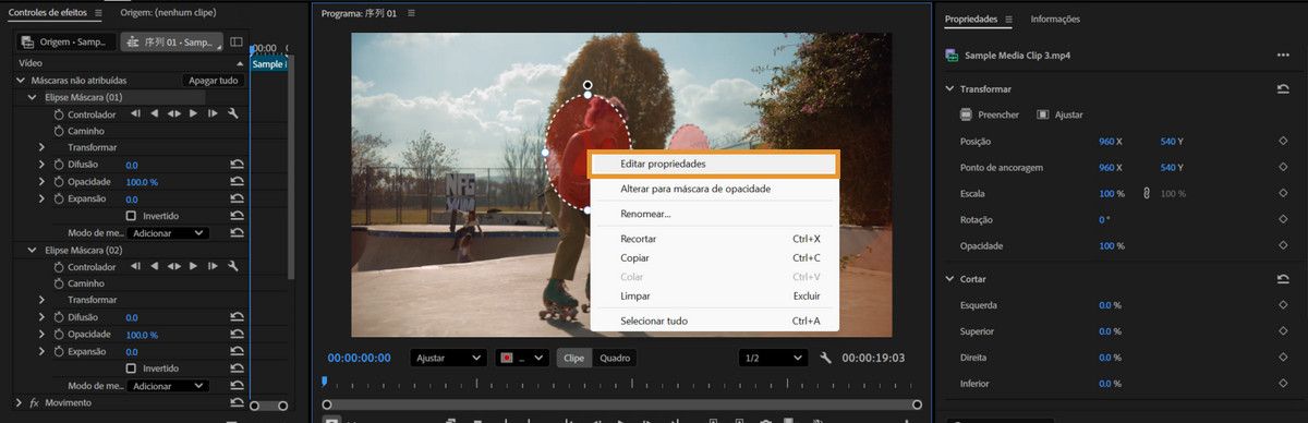 Menu ao clicar com o botão direito do mouse no “Monitor de programa”, mostrando “Editar propriedades”, com a opção de “Controles do efeito” visível à esquerda.