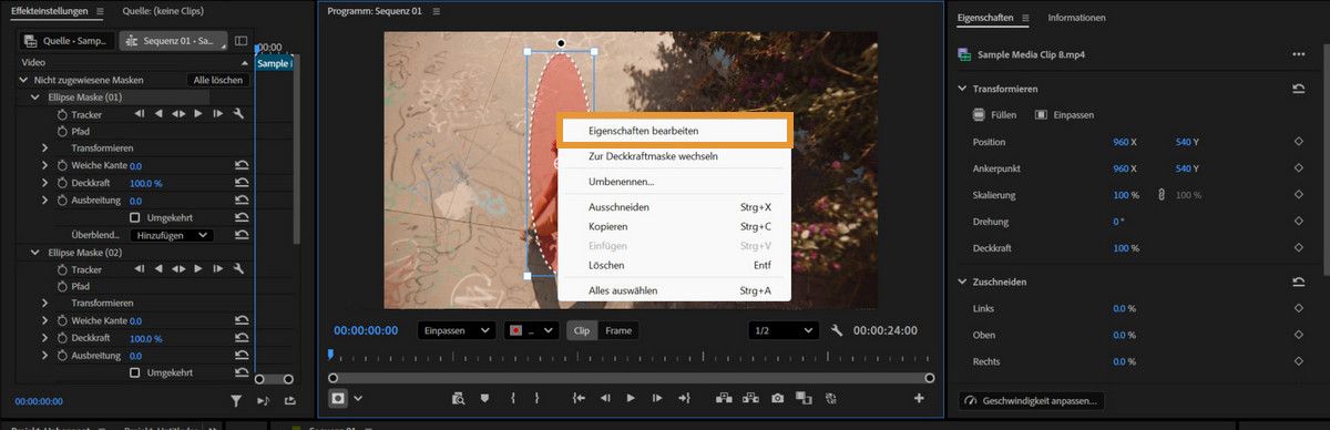 Rechtsklick-Menü im Programmmonitor mit „Eigenschaften bearbeiten", wobei die Effektsteuerung links sichtbar ist.