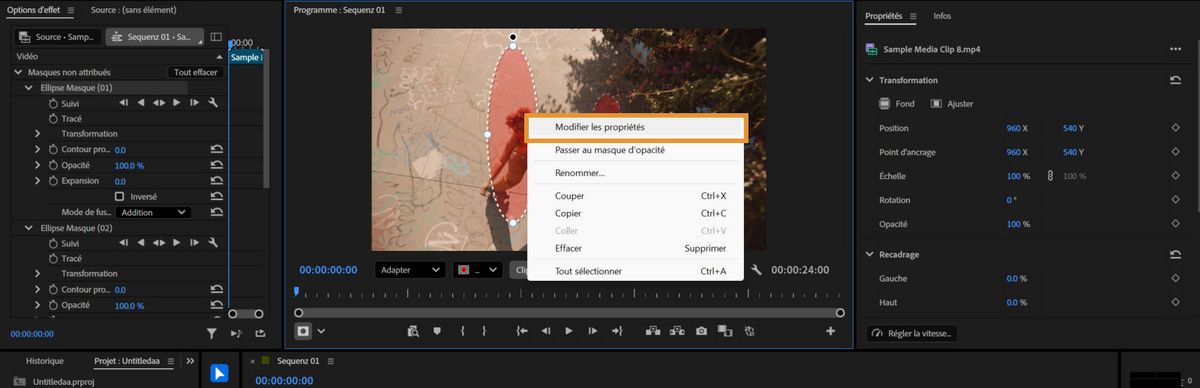 Menu contextuel dans le moniteur du programme affichant Modifier les propriétés, avec les Contrôles d'effet visibles à gauche