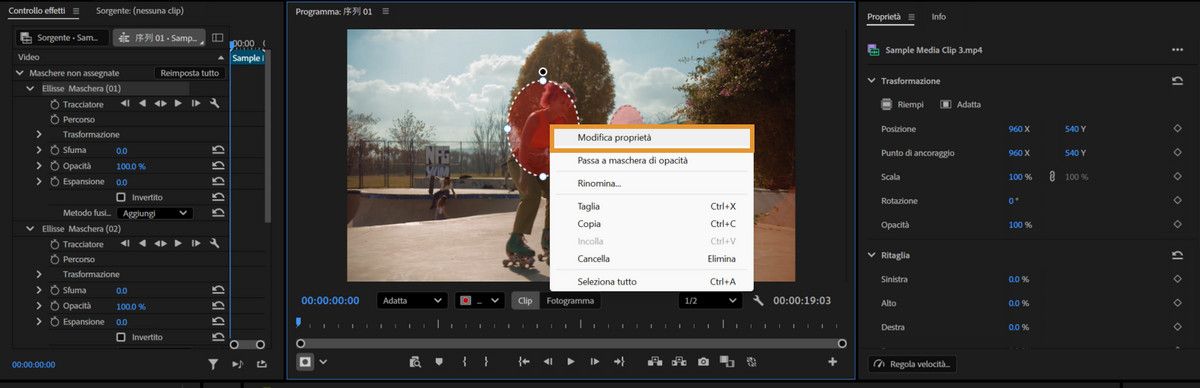 Menu del clic destro nel Monitor programma che mostra Modifica proprietà, con i Controlli effetti visibili a sinistra.
