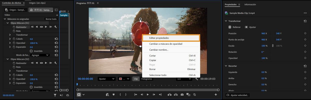 Menú del botón derecho en el Monitor de programa que muestra Editar propiedades, con Controles de efectos visible a la izquierda.
