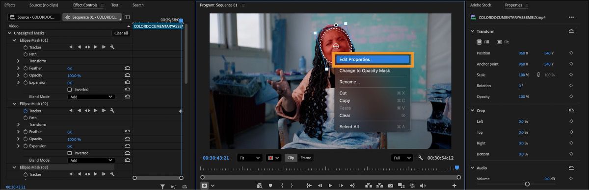 Right-click menu in the Program Monitor showing Edit Properties, with Effect Controls visible on the left.