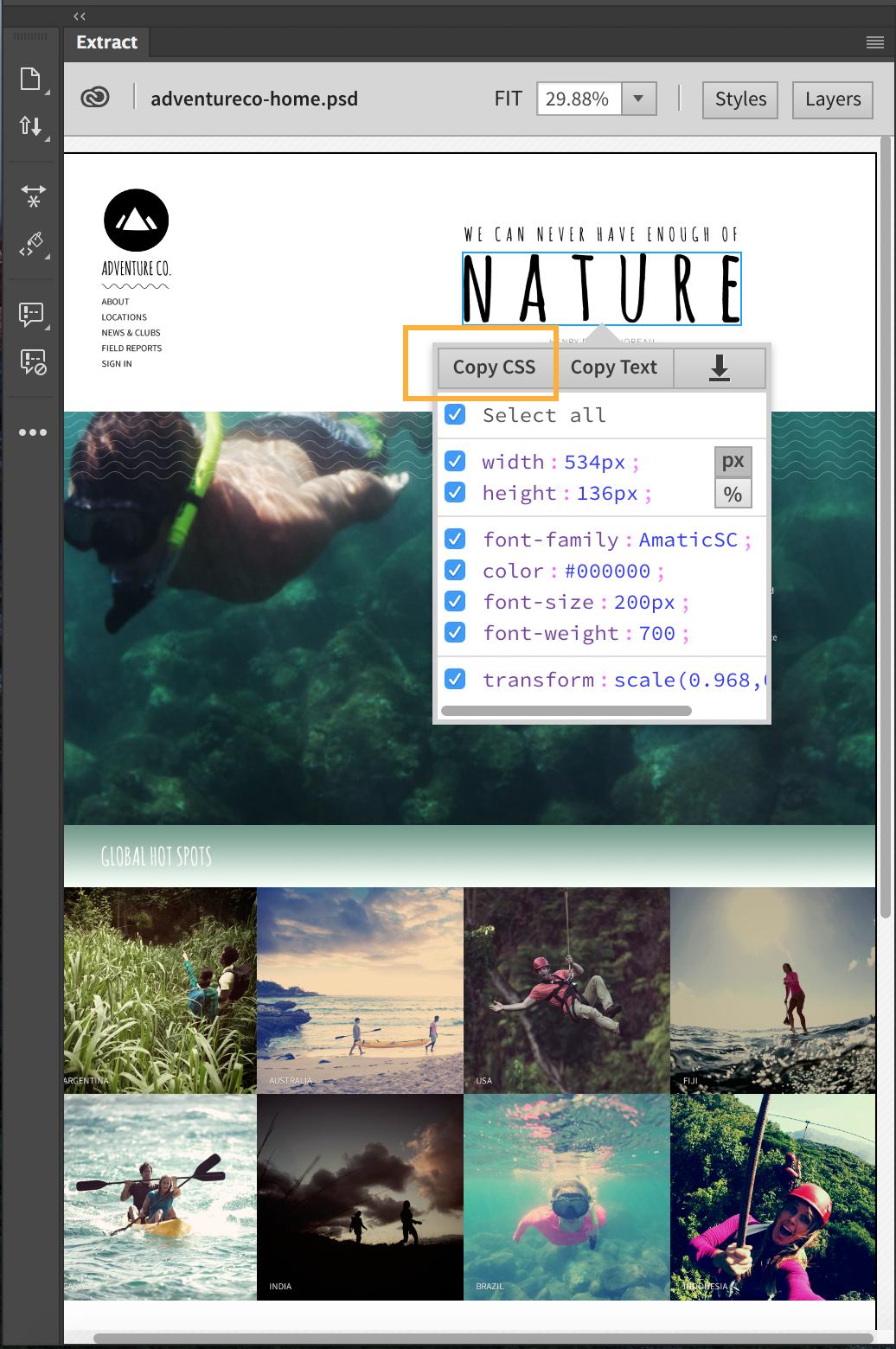 خيار Copy CSS في لوحة Extract