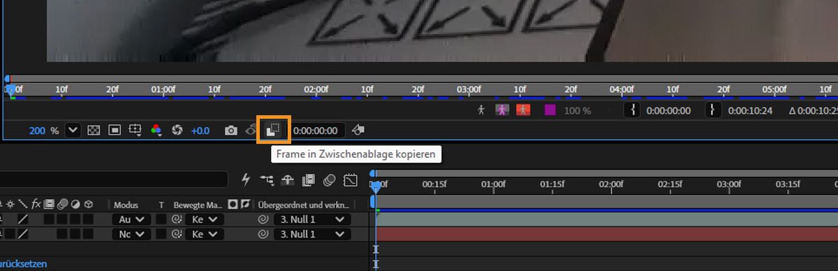 Der aktuelle Zeitindikator ist auf dem Frame positioniert und die Option „Frame in Zwischenablage kopieren“ ist hervorgehoben.