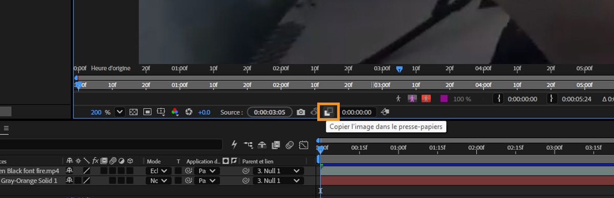 L'indicateur de temps actuel est positionné sur le cadre, et l'option Copier le cadre dans le presse-papiers est mise en surbrillance.