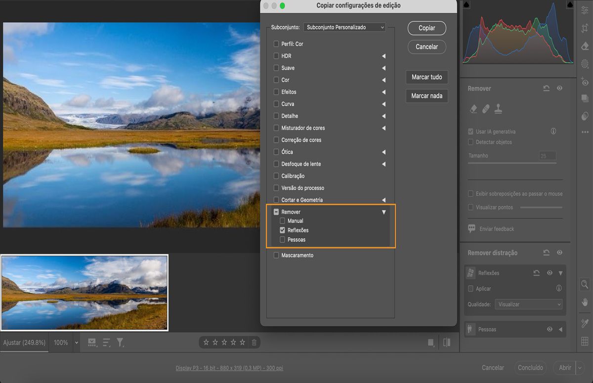 o menu de cópia de configurações de edição aberto com Reflexos selecionado.