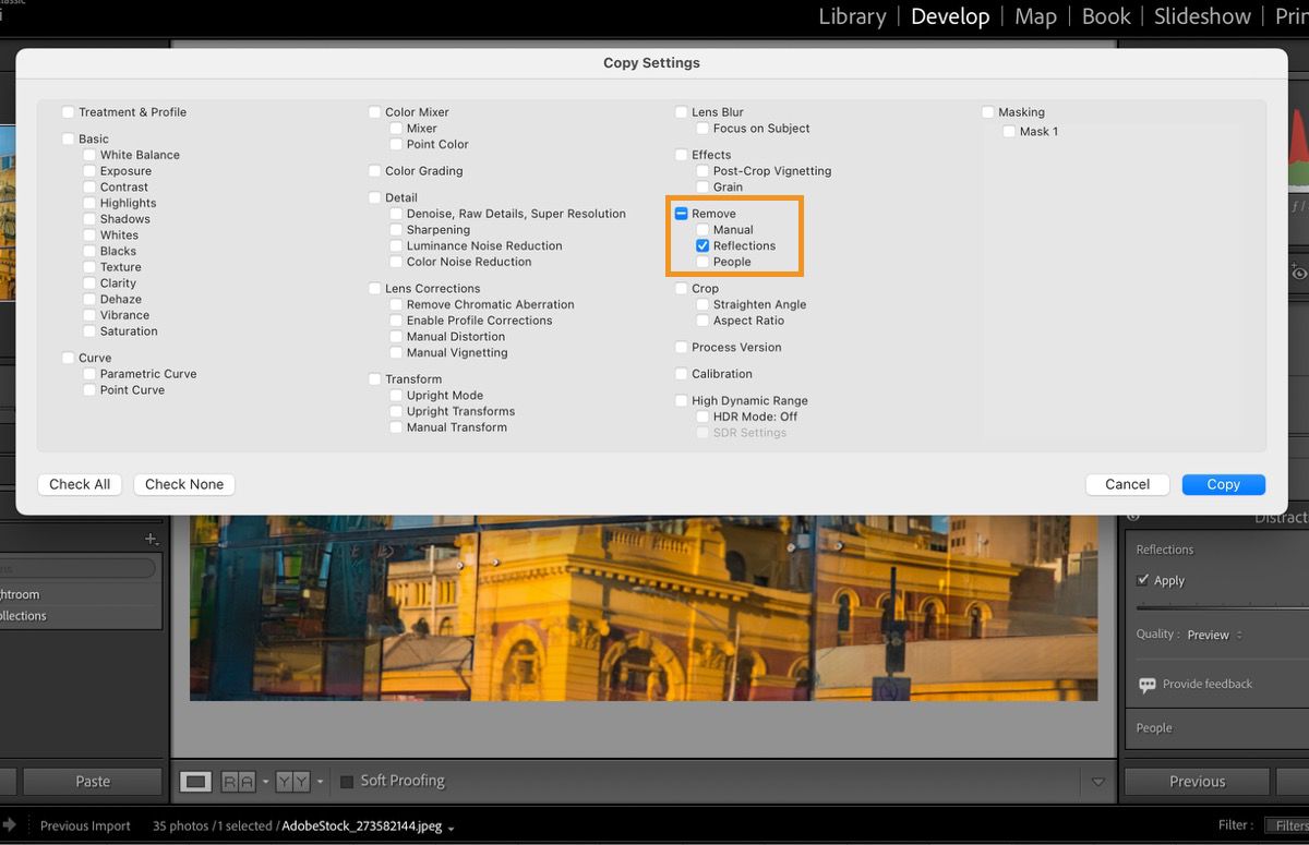 A scenery with water and mountains has reflections. copy edit settings menu is open with Reflections selected. 