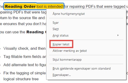 Kopiere tekst fra en kommentar