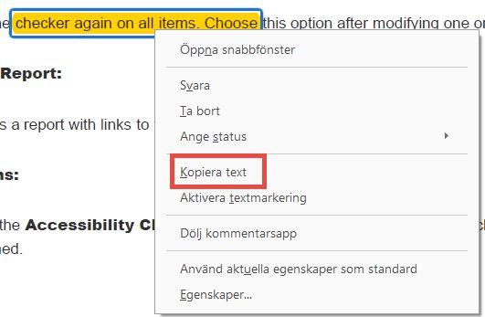Kopiera text från en kommentar