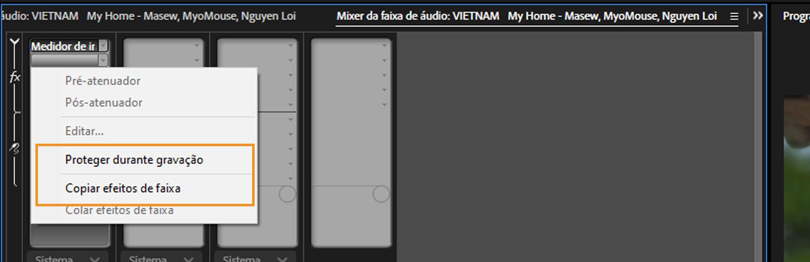 A seção “Mixer da faixa de áudio” aberta com o comando “Copiar efeitos da faixa” realçado. 