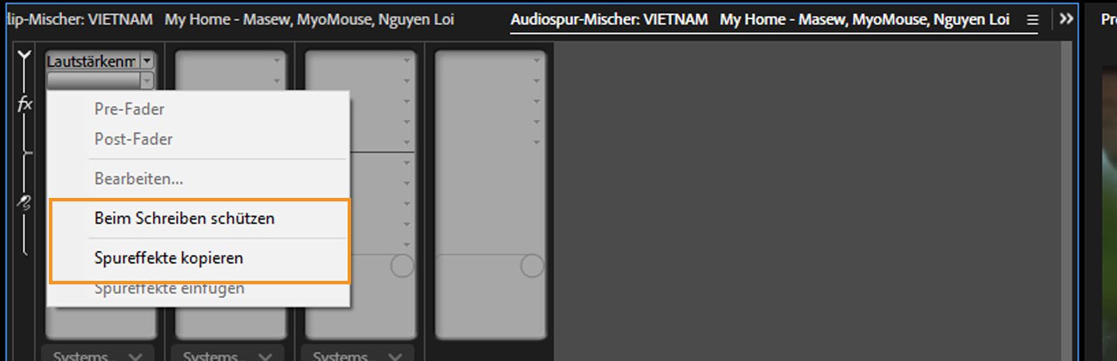 Der Abschnitt „Audiospur-Mischer“ ist geöffnet und der Befehl „Spureffekte kopieren“ ist hervorgehoben. 