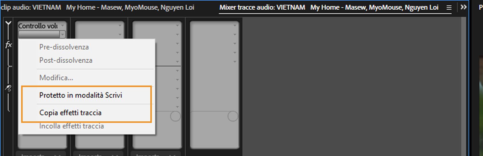 La sezione Mixer tracce audio è aperta e il comando Copia effetti traccia è evidenziato. 