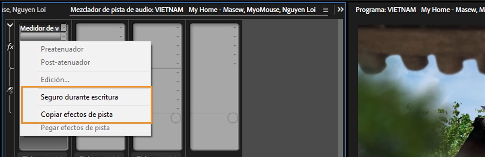 La sección Mezclador de pista de audio está abierta y el comando Copiar efectos de pista se destaca. 