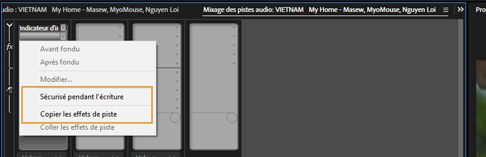La section Mixage des pistes audio est ouverte et la commande Copier les effets de pistes est mise en surbrillance. 