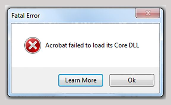 エラー：Acrobat はコア DLL をロードできませんでした。