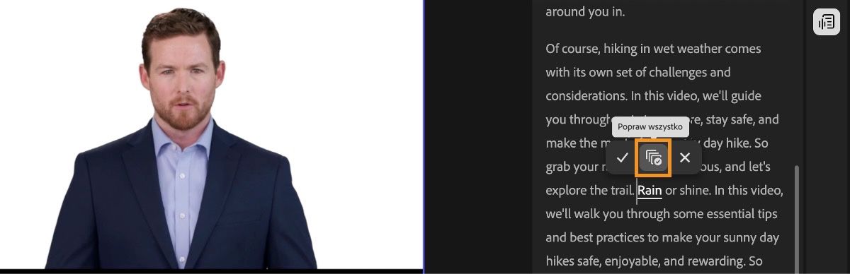 Panel edycji opartej na tekście podświetla słowo i oferuje opcje edycji zaznaczonego tekstu. Opcja Popraw wszystko jest podświetlona.