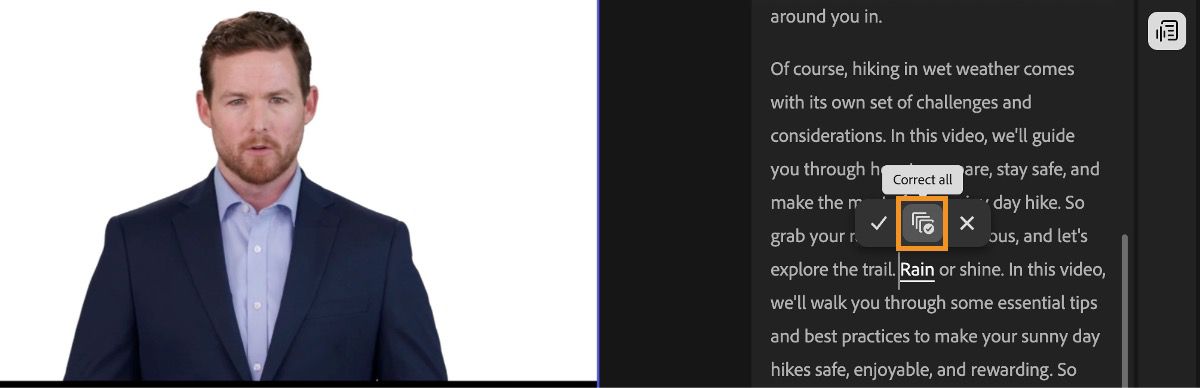 The text-based editing panel highlights a word, and there are options to edit the selected text. The Correct all option is highlighted.