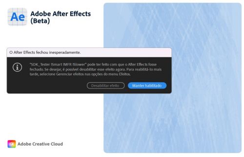 Caixa de diálogo de notificação do gerenciador de plug-ins de efeitos que mostra o efeito que causou a falha do After Effects.