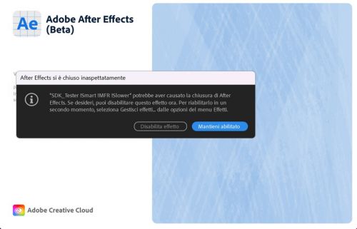 Finestra di dialogo di notifica di Gestione plug-in degli effetti in cui è mostrato l’effetto che ha causato l’arresto anomalo di After Effects.