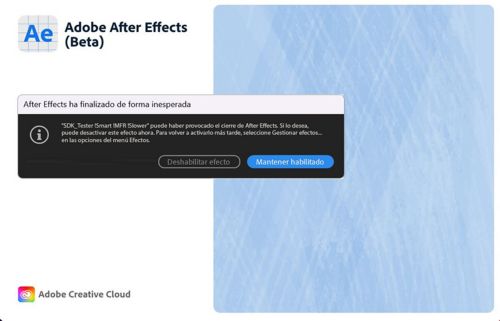 Cuadro de diálogo de notificaciones del administrador de complementos de efectos que muestra el efecto que ha provocado el bloqueo de After Effects.