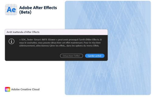 Boîte de dialogue de notification du gestionnaire des plug-ins d’effets qui affiche l’effet qui a provoqué le crash d’After Effects.