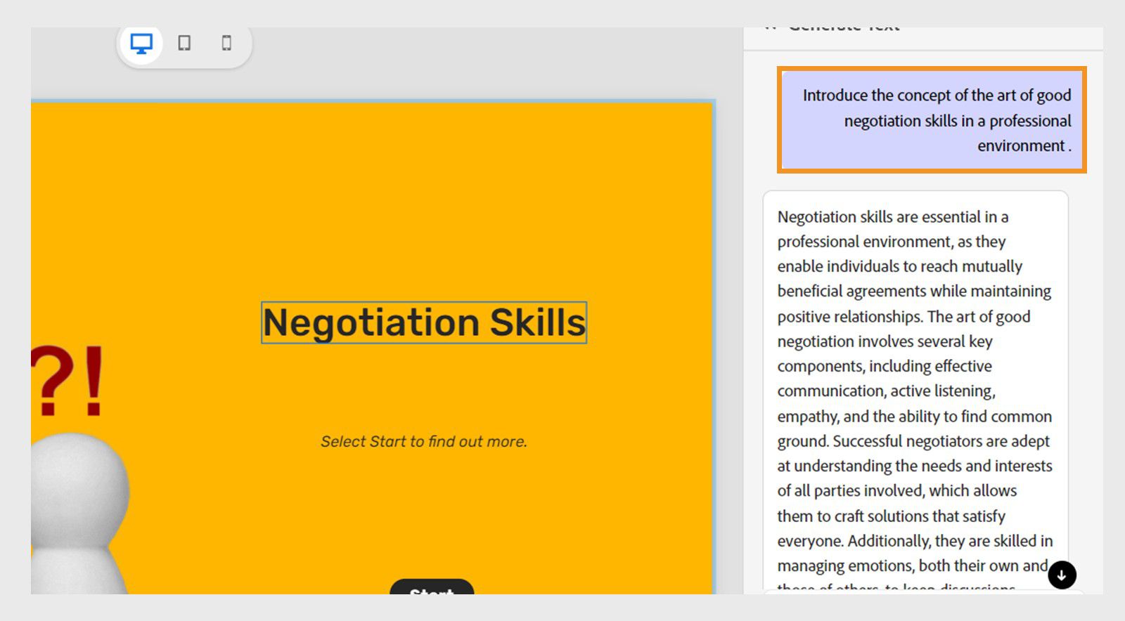 The Adobe Captivate interface shows the Generate text dialog box, which has a custom prompt about negotiation skills entered in the text field.
