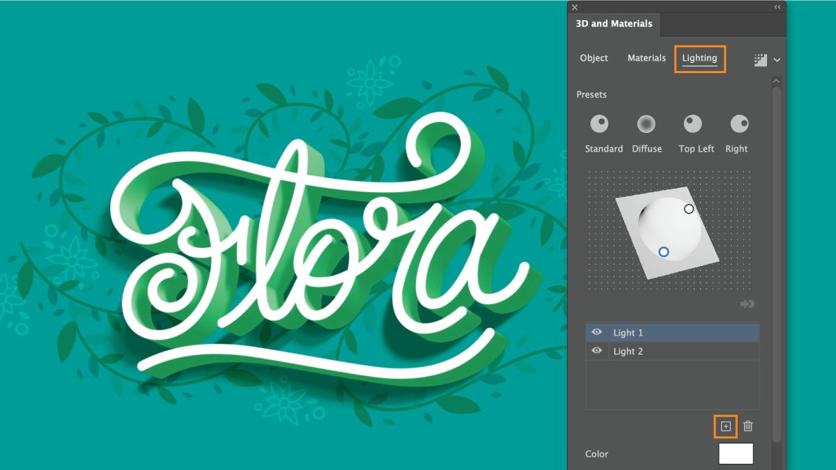Die Registerkarte „Beleuchtung“ im Bedienfeld „3D und Materialien“ zeigt zwei Lichtquellen aus entgegengesetzten Richtungen.