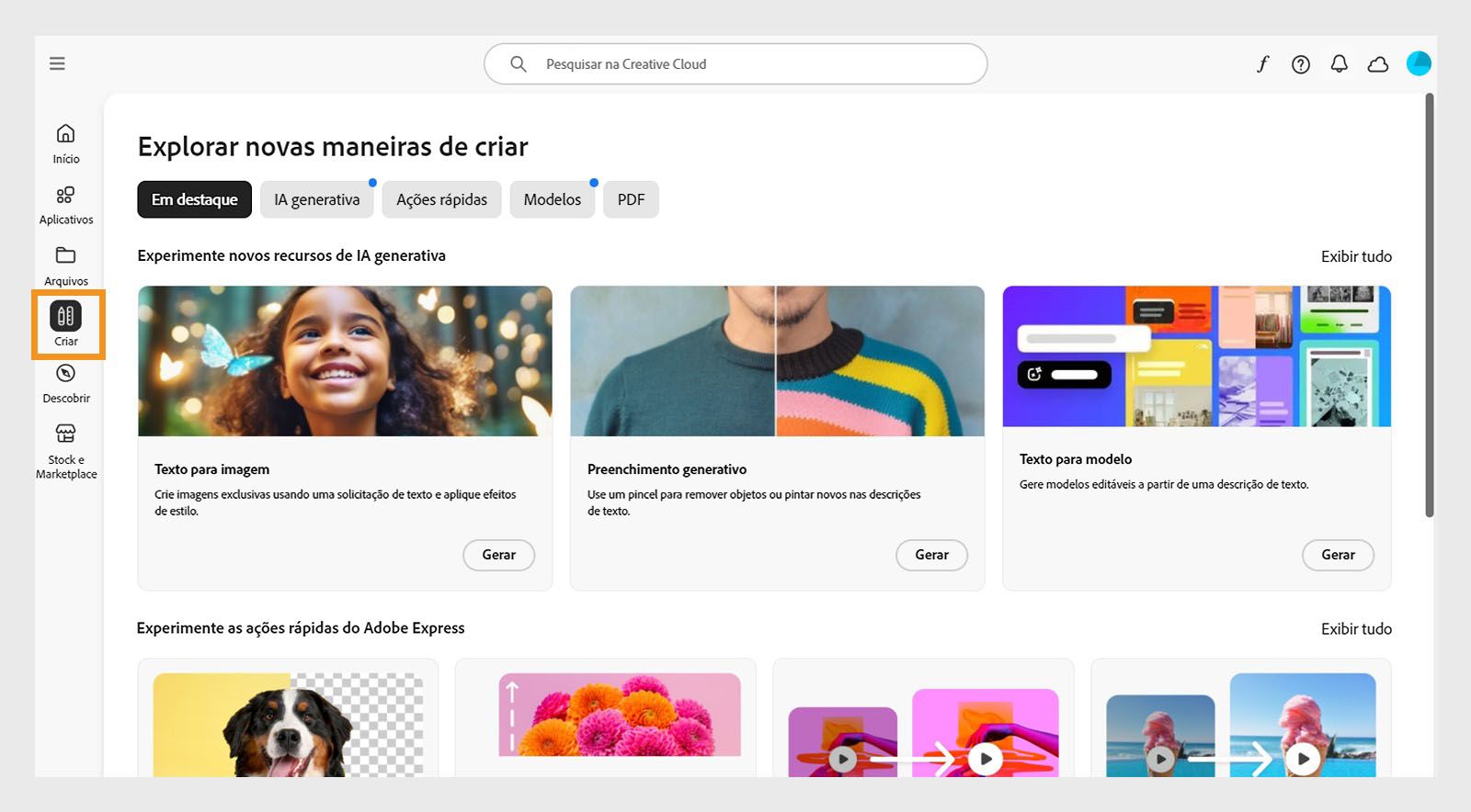 A guia Criar exibe diversas opções para editar, atualizar e criar conteúdo
