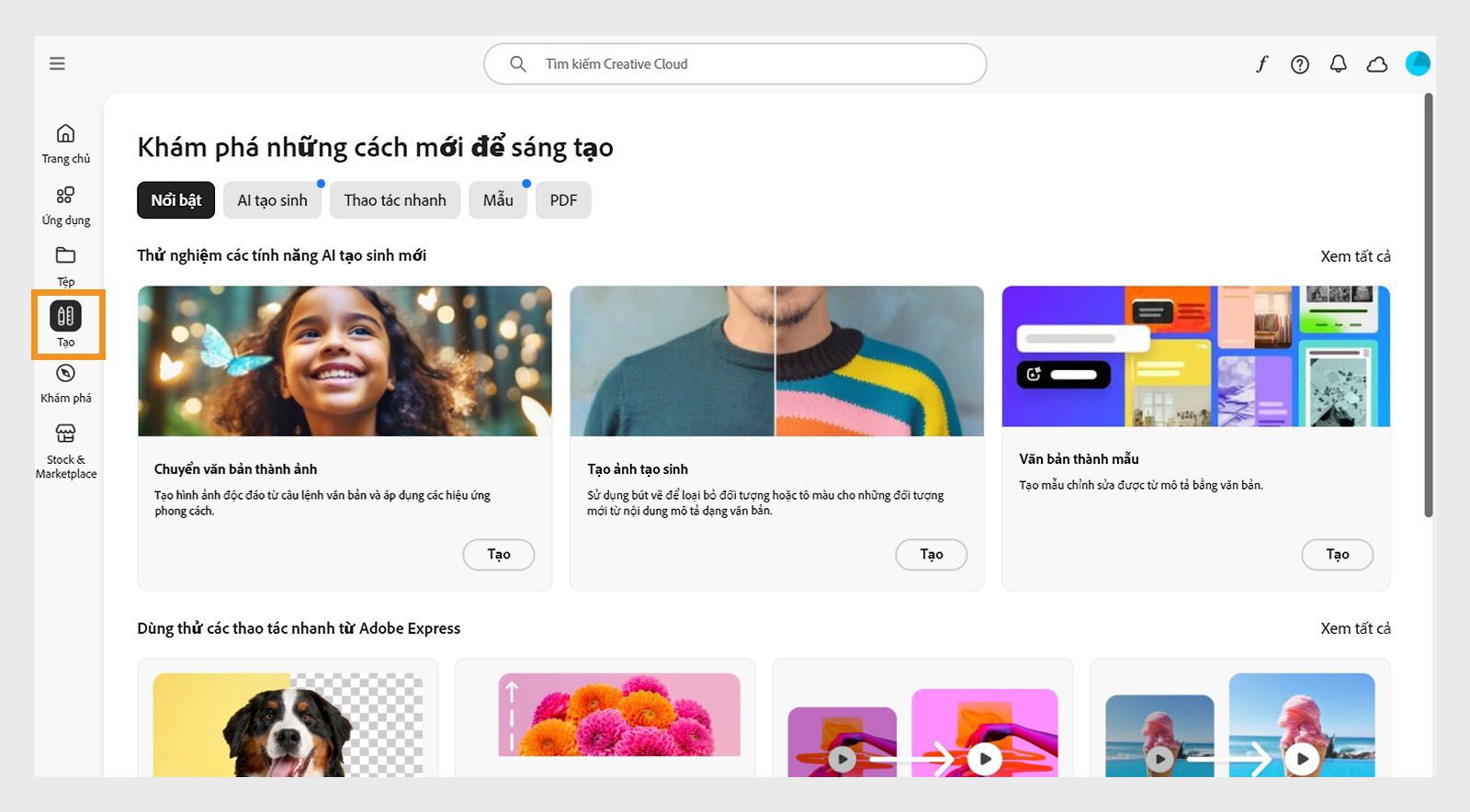 Tab tạo hiển thị nhiều tùy chọn để chỉnh sửa, cập nhật và tạo nội dung mới